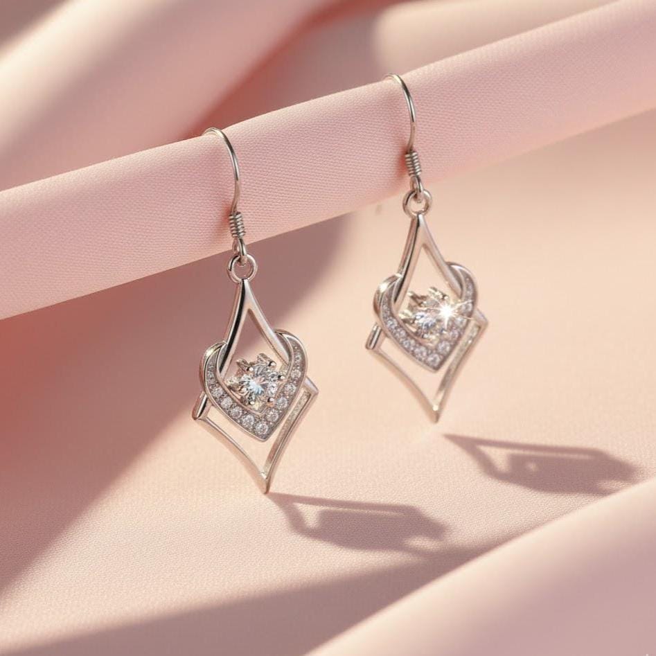 Sterling Silver Rhombus CZ Crystal Dangle  Hook Earrings