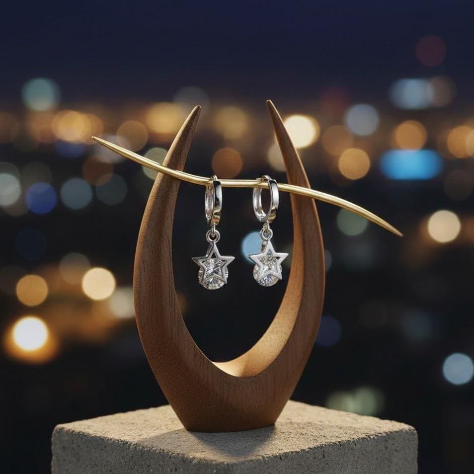 Sterling Silver Star CZ Crystal Drop Hoop Huggie Earrings