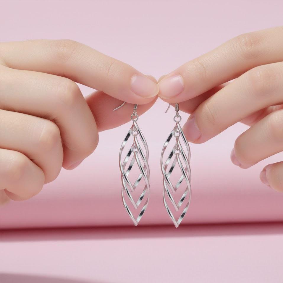 Pair of Sterling Silver Long Triple Leaf Drop Earrings