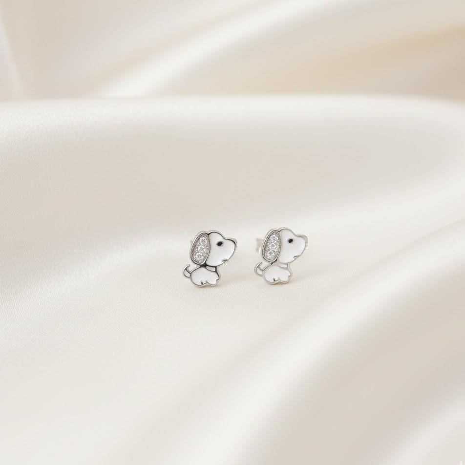 Crystal Doggy Puppy Stud Earrings In Sterling Silver