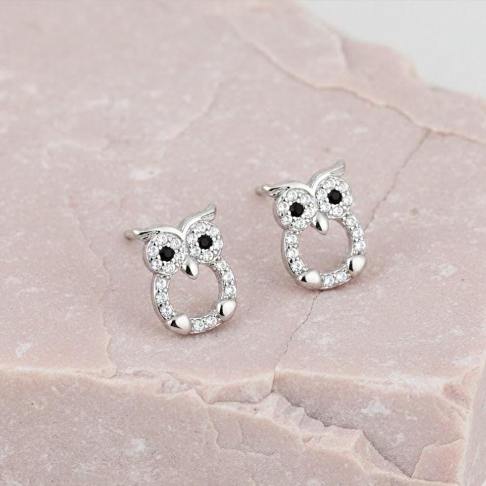 Sterling Silver Owl CZ Gemstone Stud Earrings