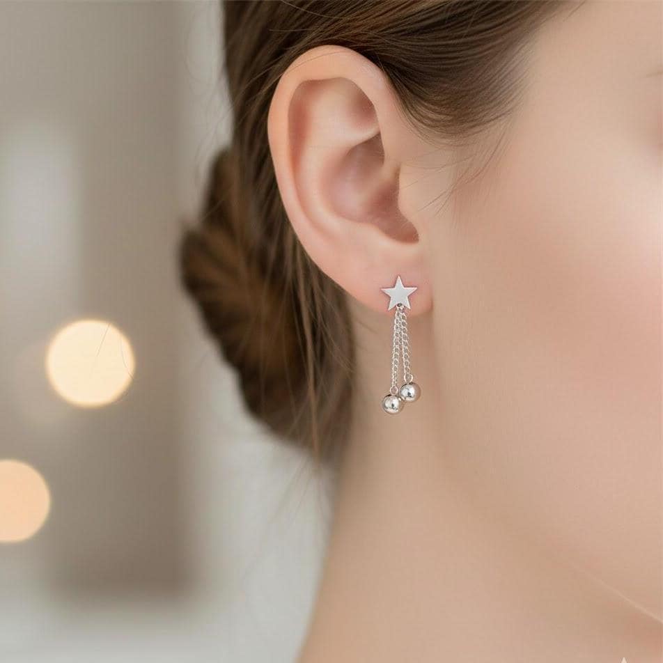 Sterling Silver Star Bead Dangle Drop Stud Earrings