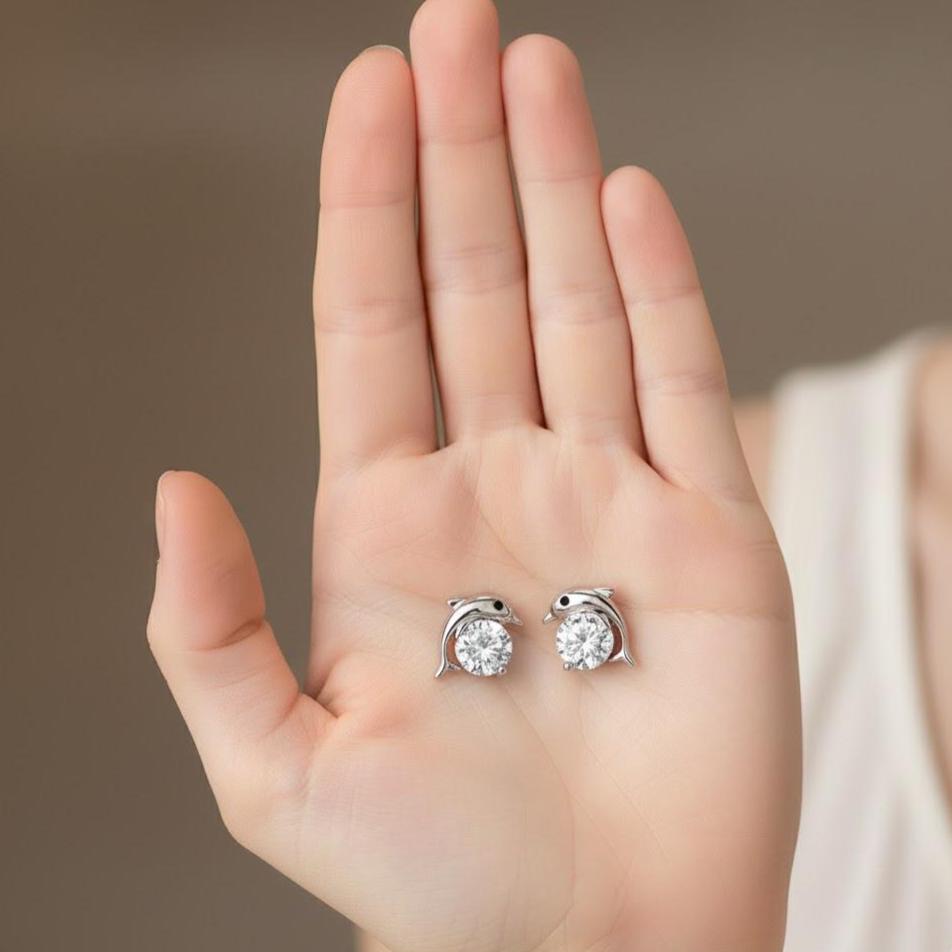Sterling Silver Crystal Dolphin Ear Stud Earrings