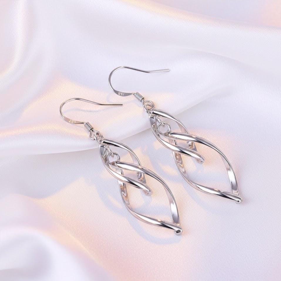 Sterling Silver Long Double Leaf Drop Dangle Earrings