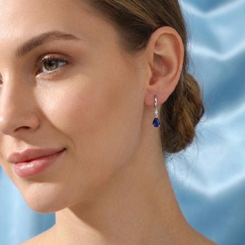Sterling Silver Blue Pear Halo Drop Stud Earrings