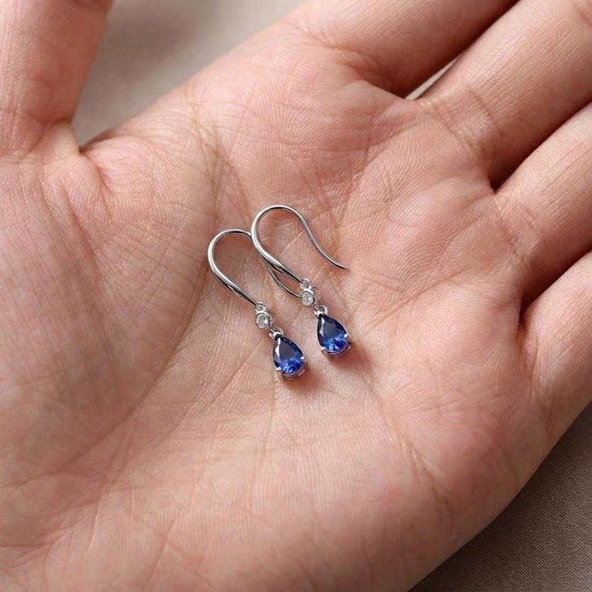 Sterling Silver Blue Pear Halo Drop Stud Earrings