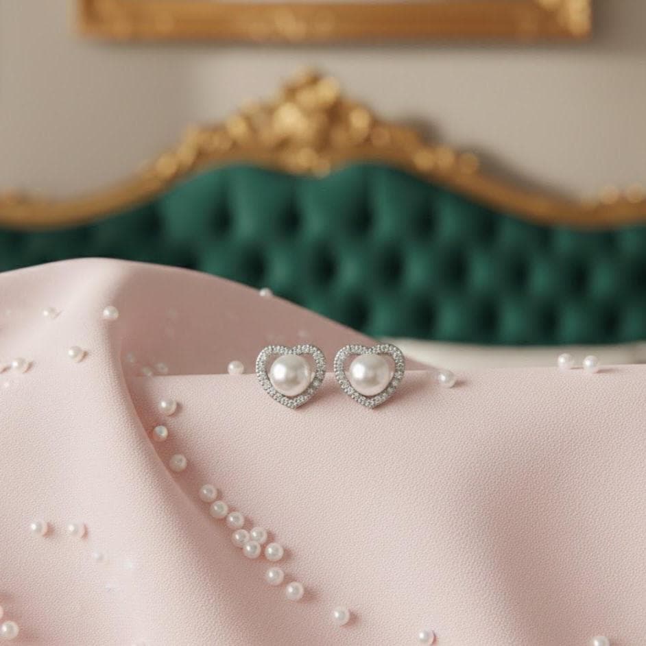 Sterling Silver Crystal Heart Pearl Stud Earrings