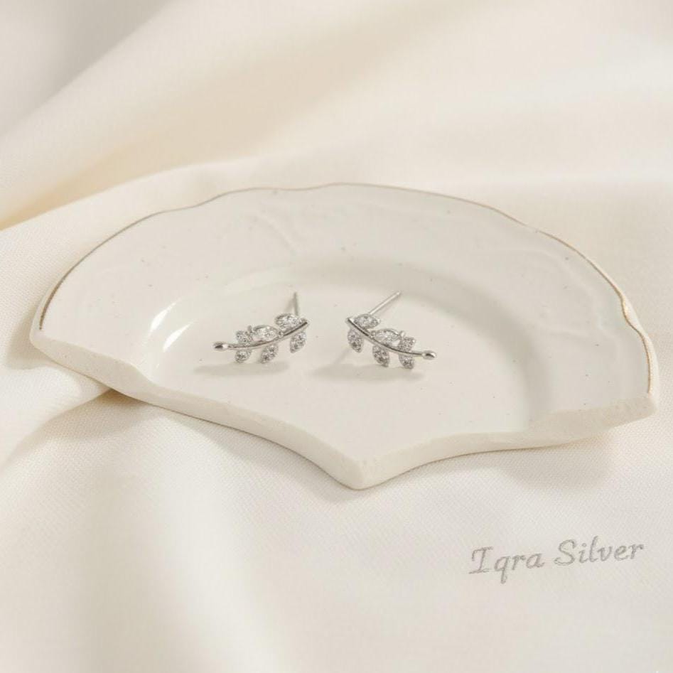 Sterling Silver Small Leaf CZ Gemstone Stud Earrings