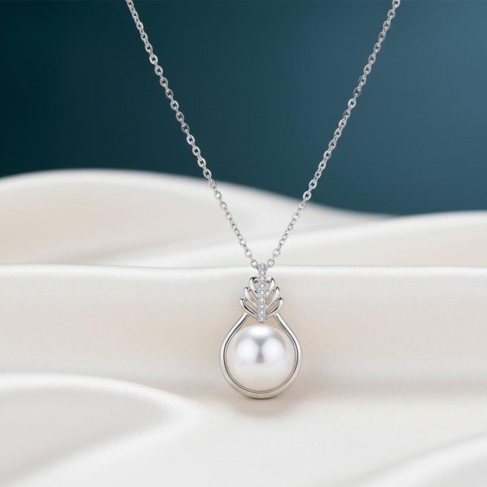 Crystal Flower Pearl Pendant Necklace In Sterling Silver