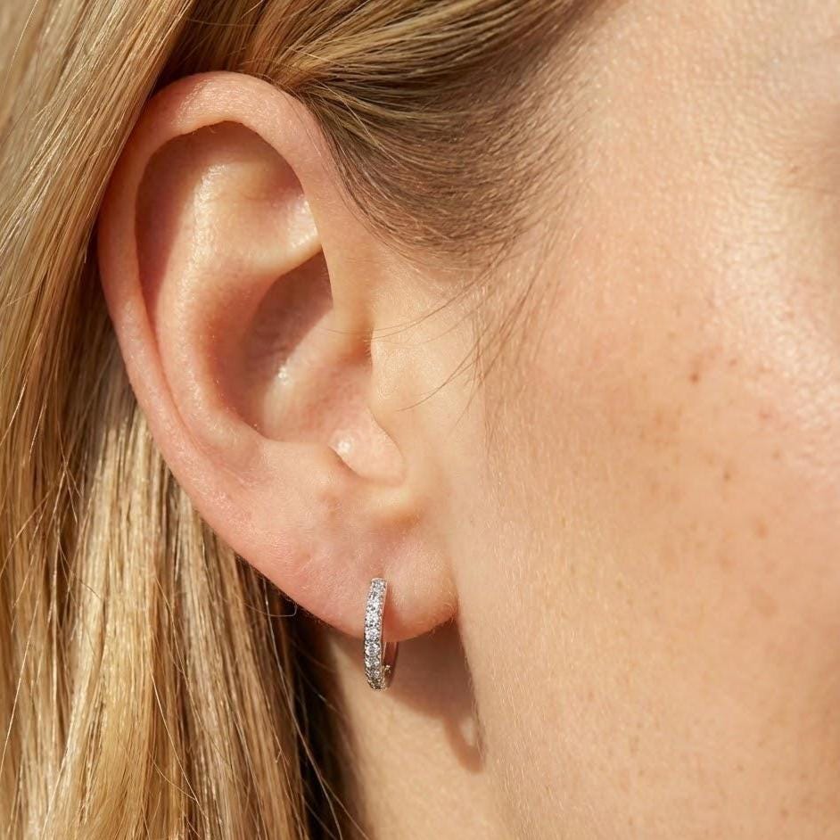 Elegant Crystal Huggie Hoop Earrings in Sterling Silver