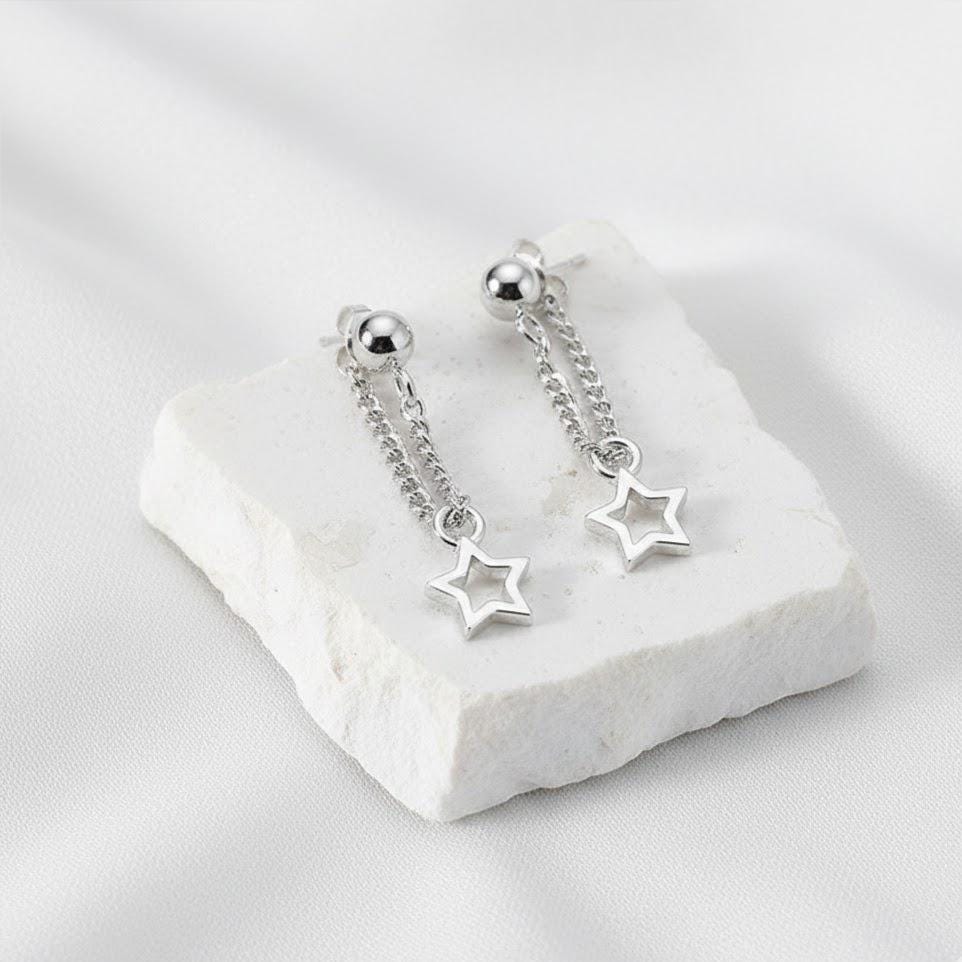 Sterling Silver Star Dangle Drop Stud Earrings
