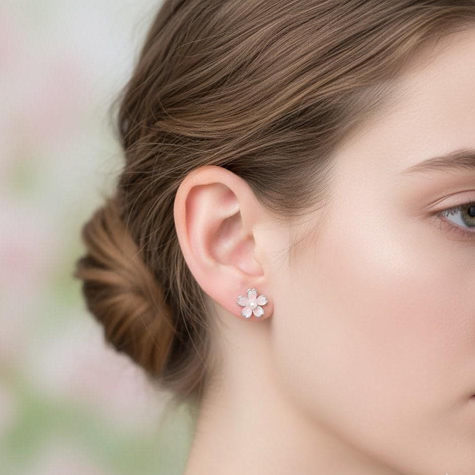 Sterling Silver Pearl Flower Stud Earrings