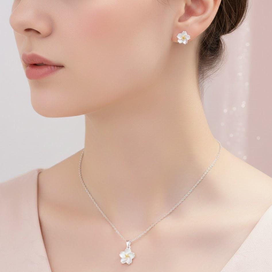 Sterling Silver Flower Necklace And Stud Earrings
