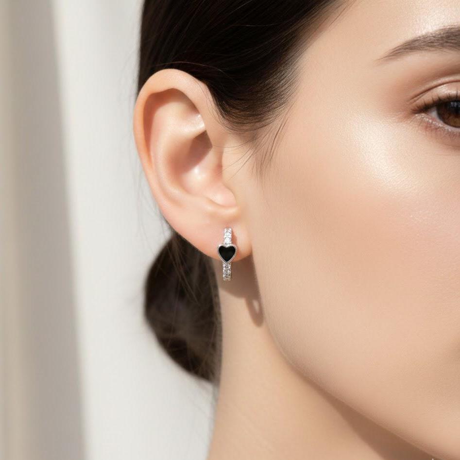 Sterling Silver Heart CZ Gem Circle Hoop Huggie Earrings