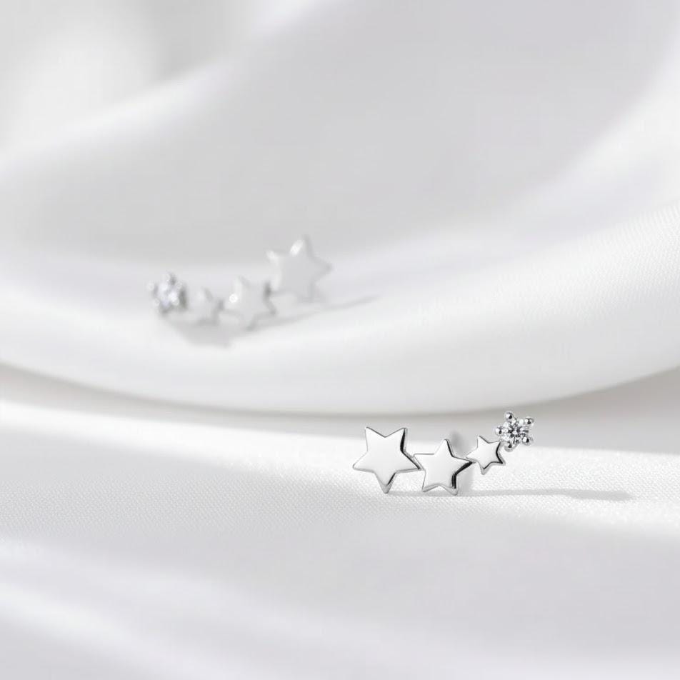 Sterling Silver Crystal Star Linked Stud Earrings