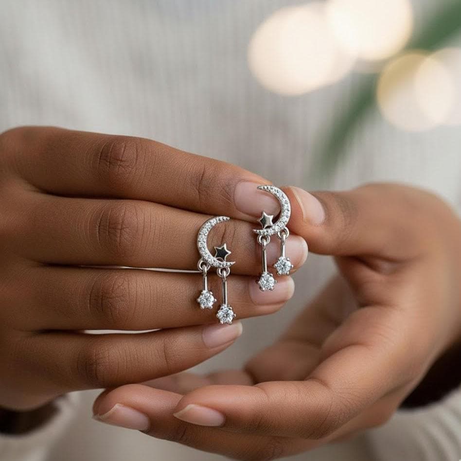 Sterling Silver Star & Crescent Moon Stud Earrings