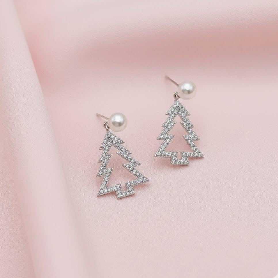 Pair of Sterling Silver Christmas Tree Dangle Pearl Stud Earrings