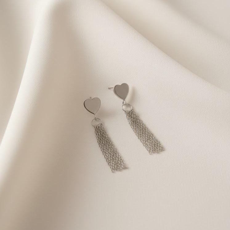 Sterling Silver Heart Tassel Stud Earrings