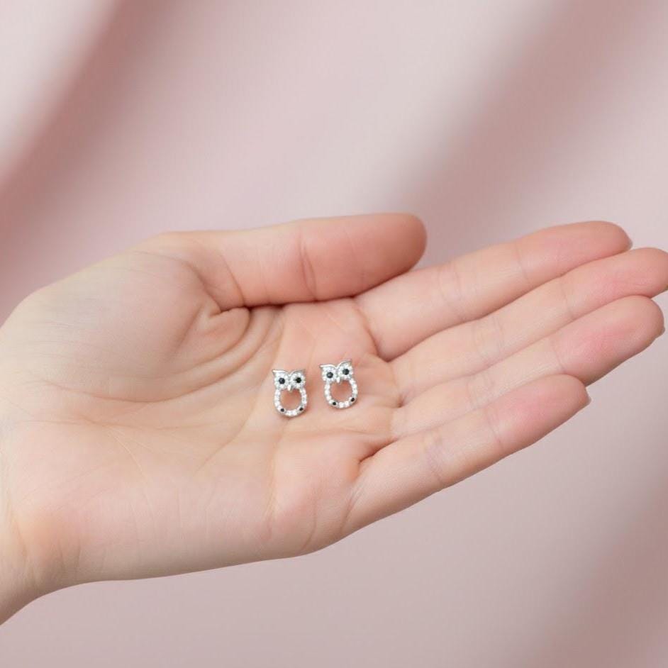 Sterling Silver Owl CZ Gemstone Stud Earrings