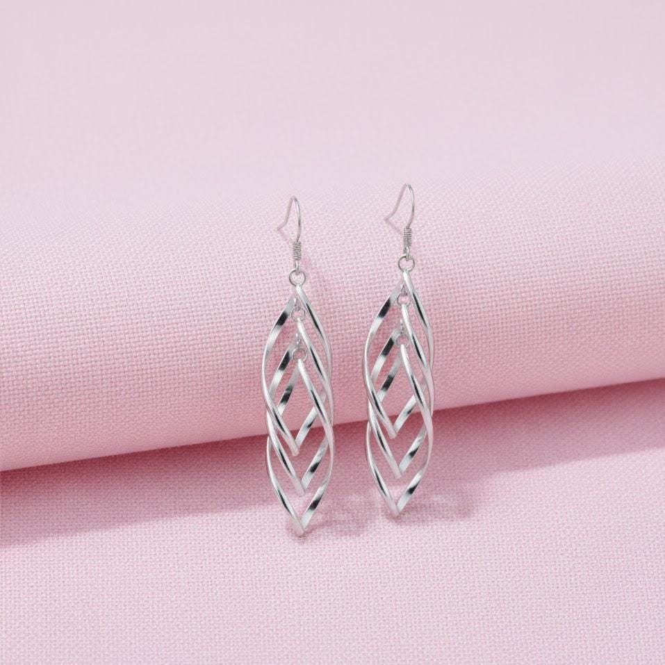 Pair of Sterling Silver Long Triple Leaf Drop Earrings