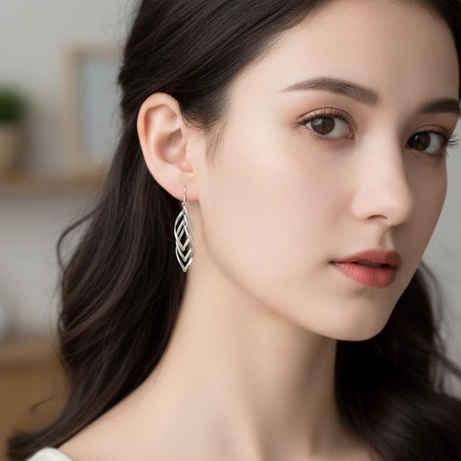 Pair of Sterling Silver Long Triple Leaf Drop Earrings