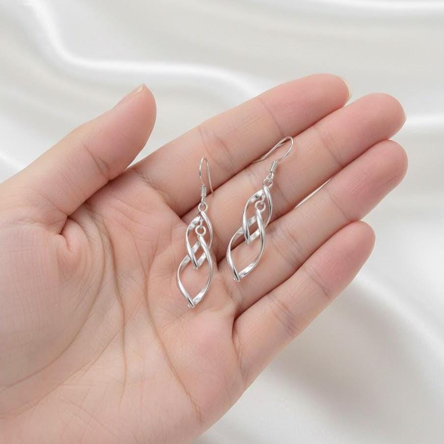Sterling Silver Long Double Leaf Drop Dangle Earrings
