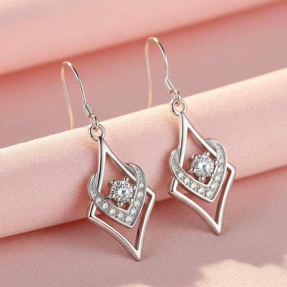 Sterling Silver Rhombus CZ Crystal Dangle  Hook Earrings