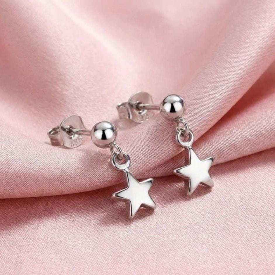 Sterling Silver Bead Star Charm Stud Earrings