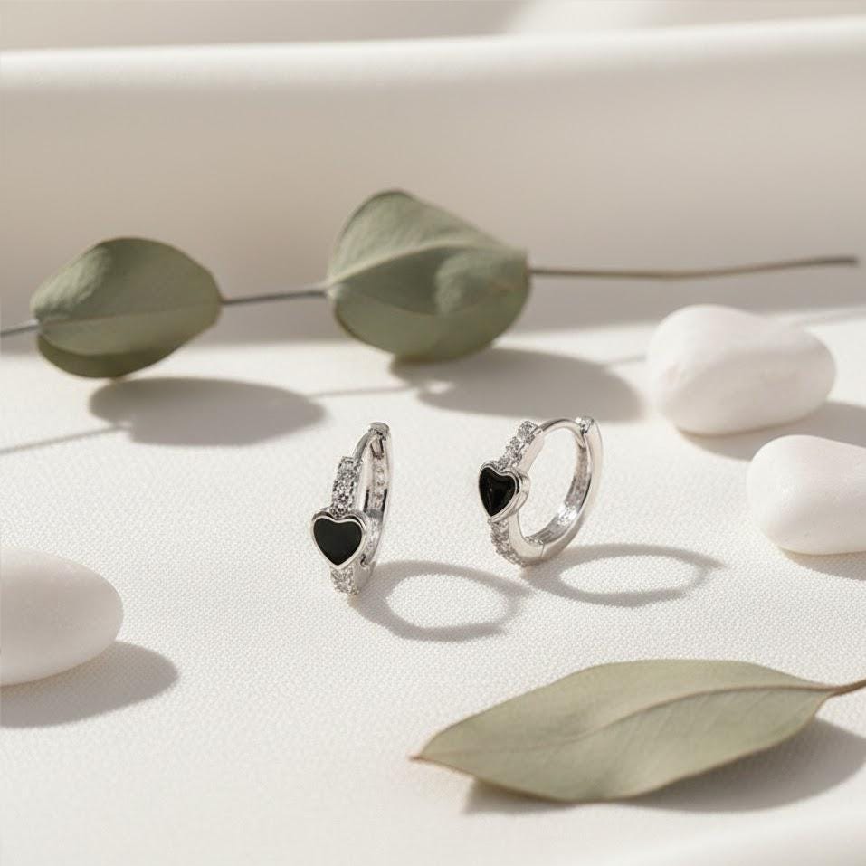 Sterling Silver Heart CZ Gem Circle Hoop Huggie Earrings