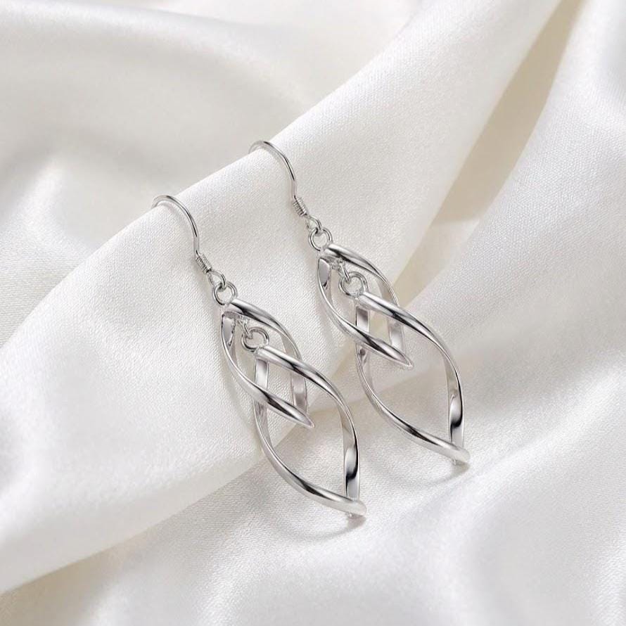 Sterling Silver Long Double Leaf Drop Dangle Earrings