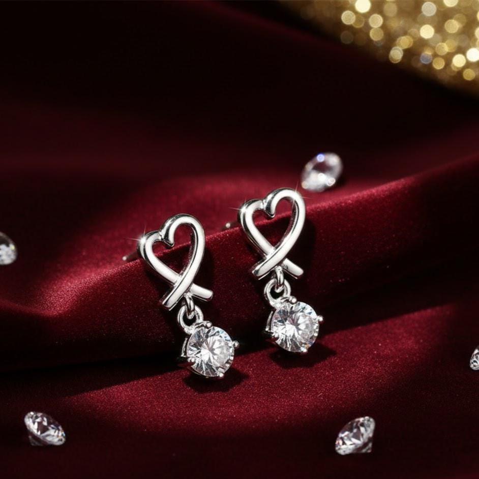 Sterling Silver Open Love Heart Ribbon CZ Drop Dangle Stud Earrings