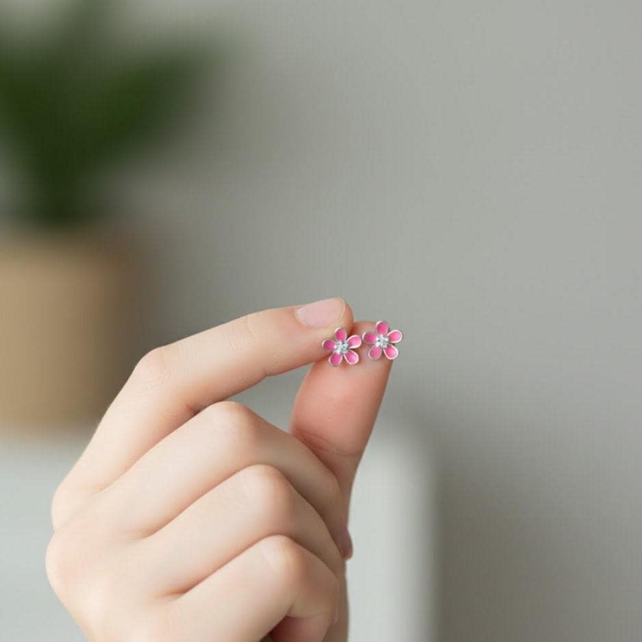 Pink Cherry Blossom Flower Stud Earrings in Sterling Silver