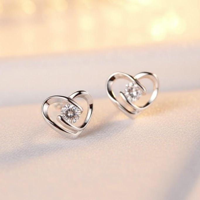 Sterling Silver Heart Swirl Stone Stud Earrings