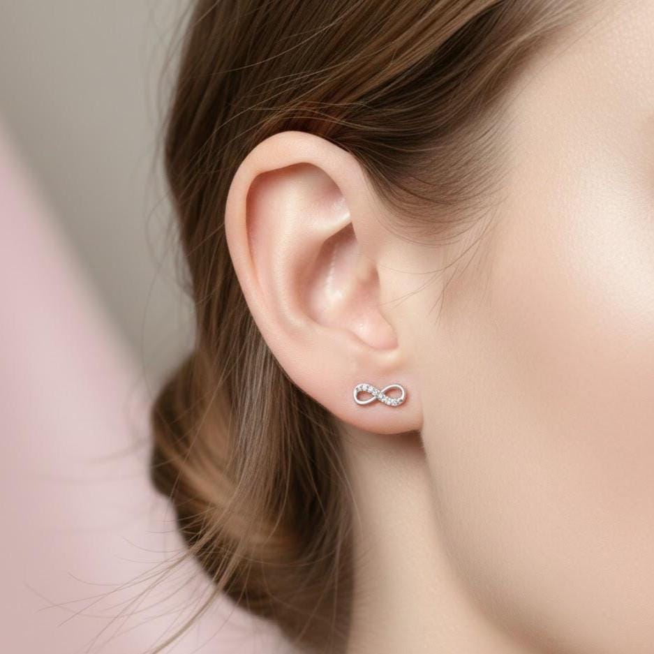 Sterling Silver Small Half CZ Infinity Stud Earrings