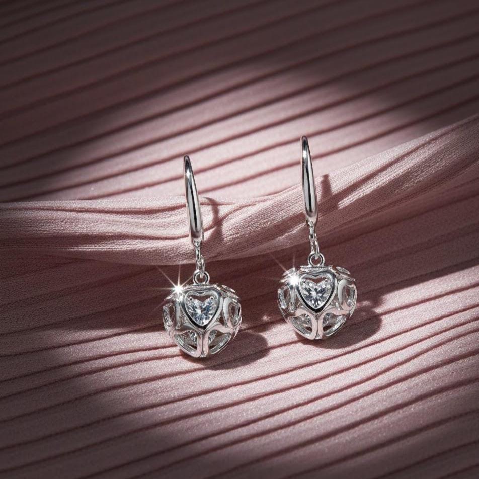 Sterling Silver Hollow Love Heart Dangle Drop Hook Earrings