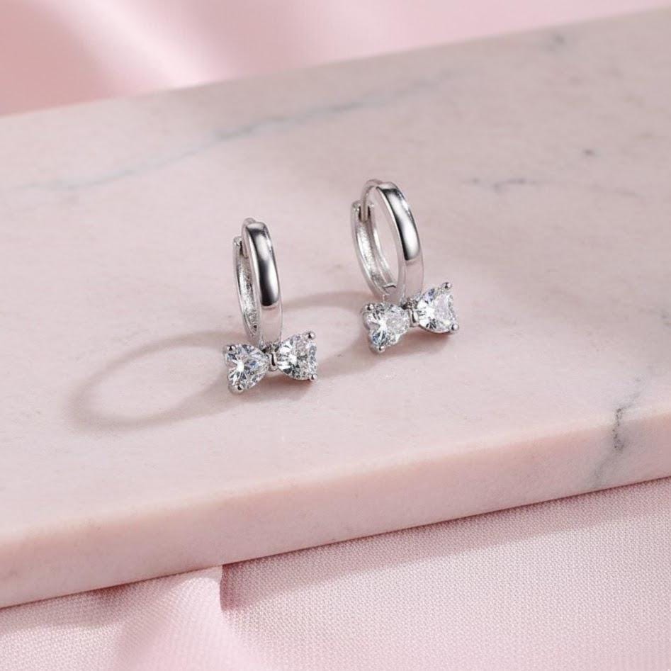 Sterling Silver Crystal Bow Hoop Earrings