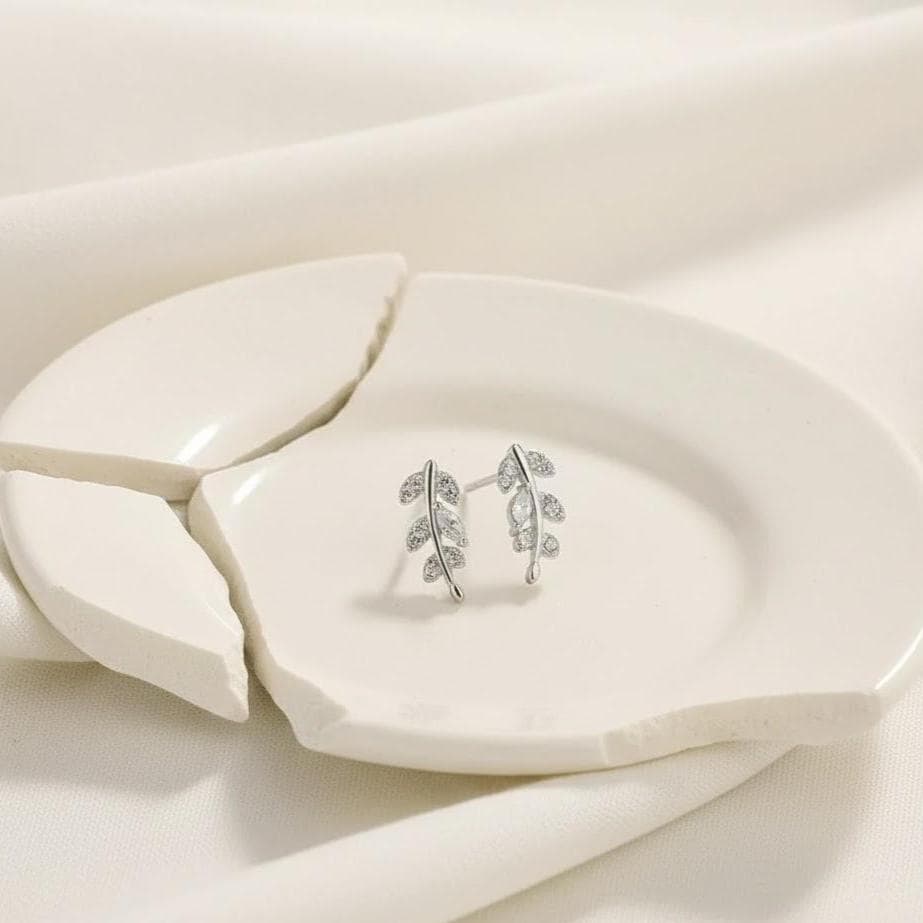 Sterling Silver Small Leaf CZ Gemstone Stud Earrings