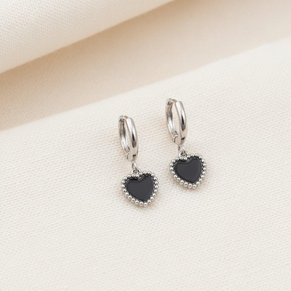 Sterling Silver Black Heart Hoop Earrings