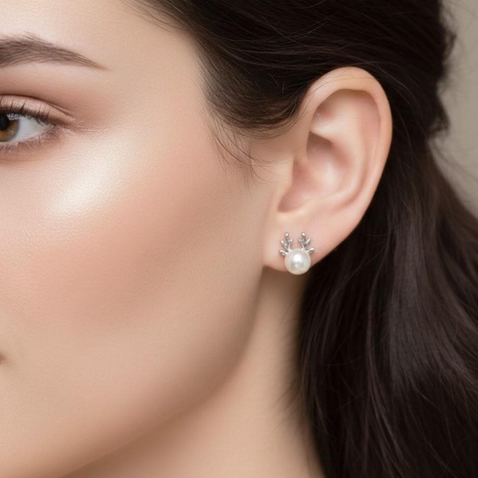 Sterling Silver Pearl Reindeer Stud Earrings