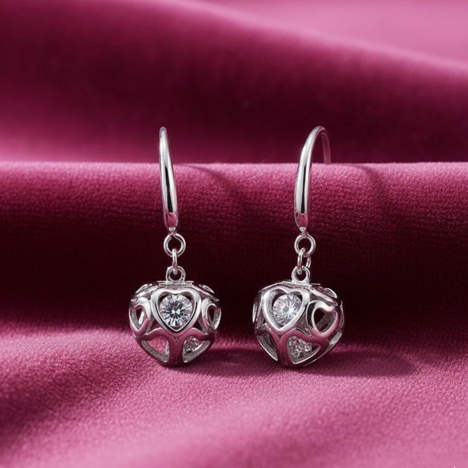 Sterling Silver Hollow Love Heart Dangle Drop Hook Earrings