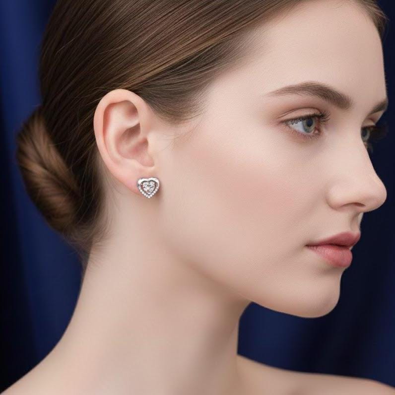 Sterling Silver Clear Stone Heart Stud Earrings