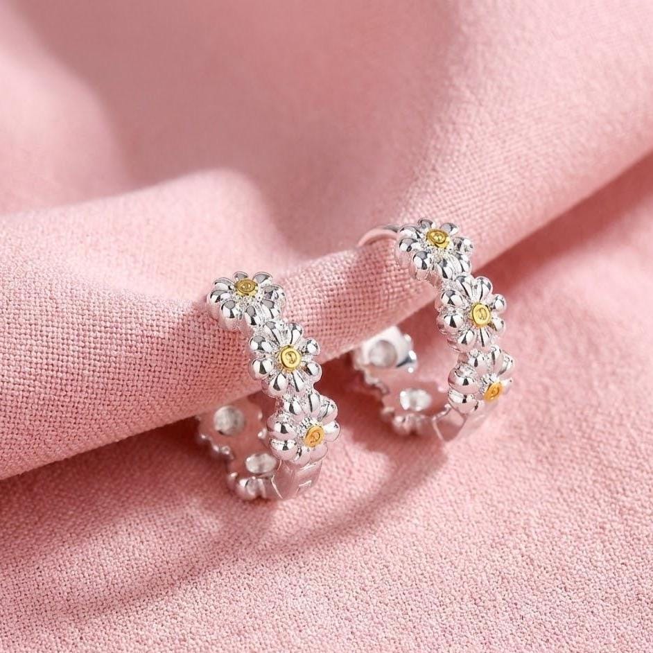 Sterling Silver Daisy Hoop Earrings | Dainty Flower Earrings