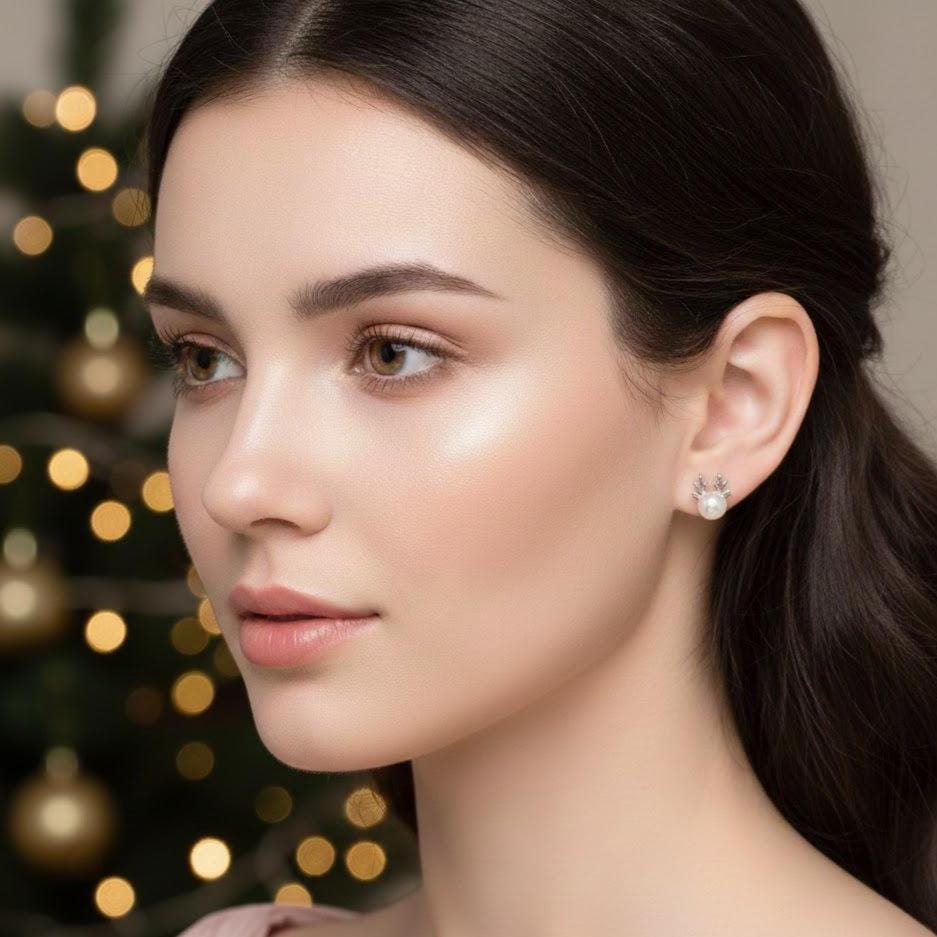 Sterling Silver Pearl Reindeer Stud Earrings