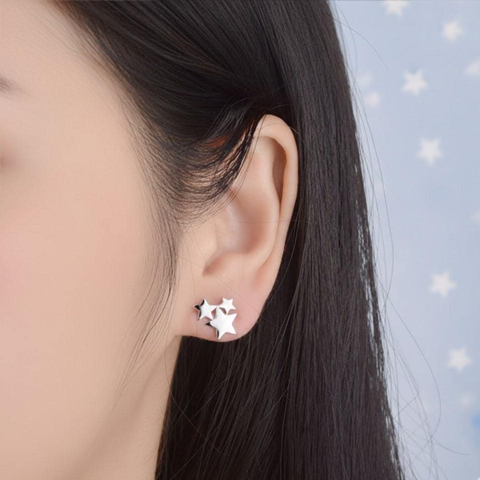 Sterling Silver Triple Star Linked Stud Earrings