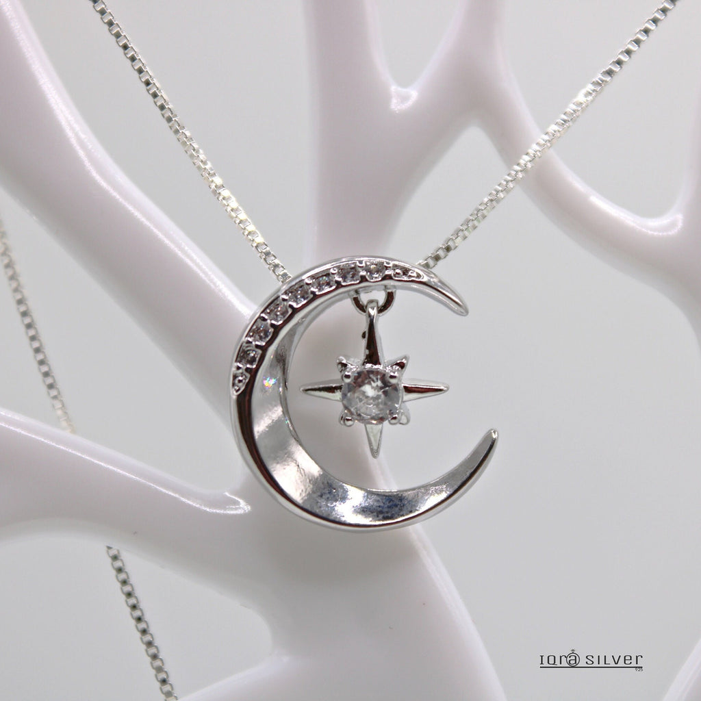 Sterling Silver Moon Star Pendant Necklace: Celestial Jewelry Gift