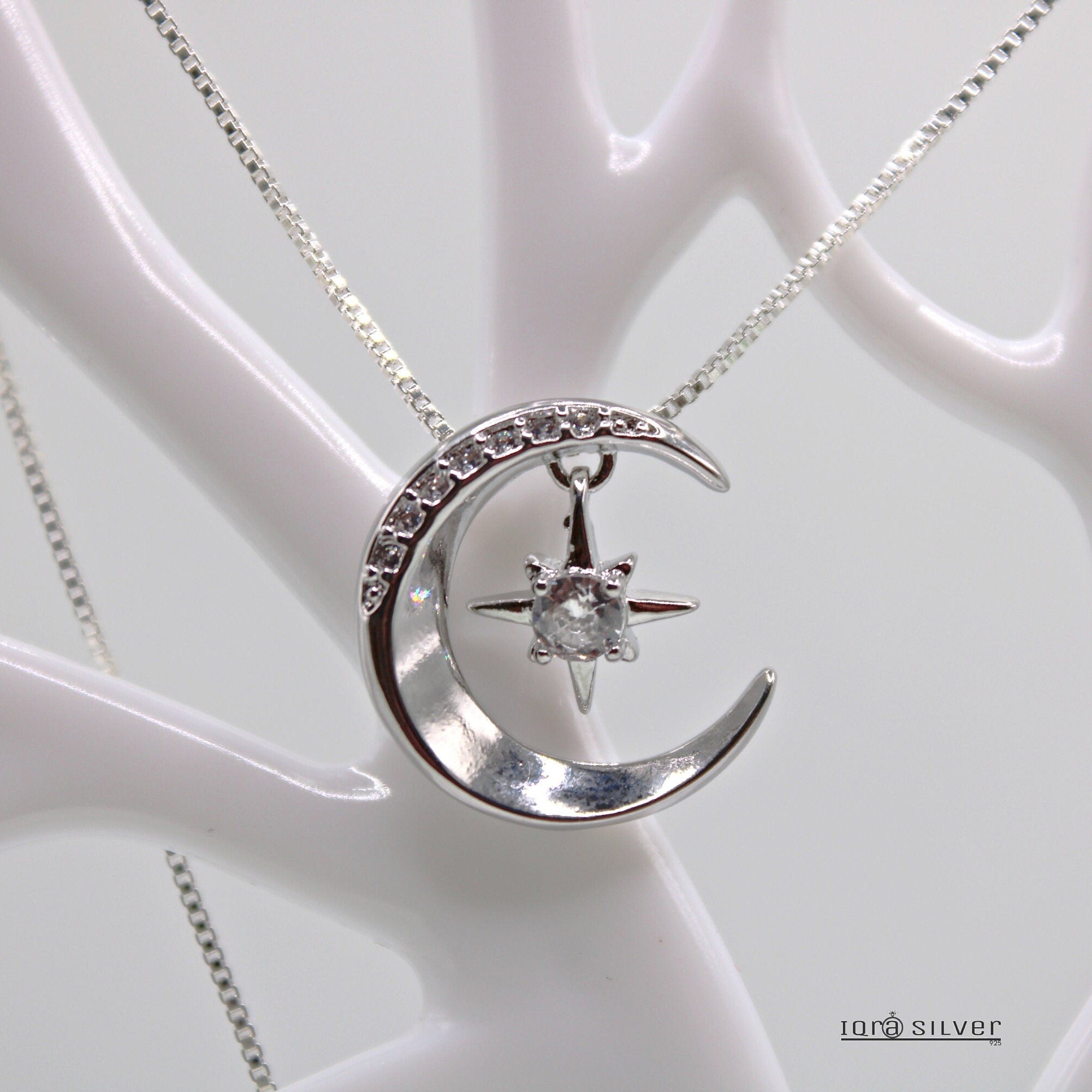 Sterling Silver Moon Star Pendant Necklace: Celestial Jewelry Gift