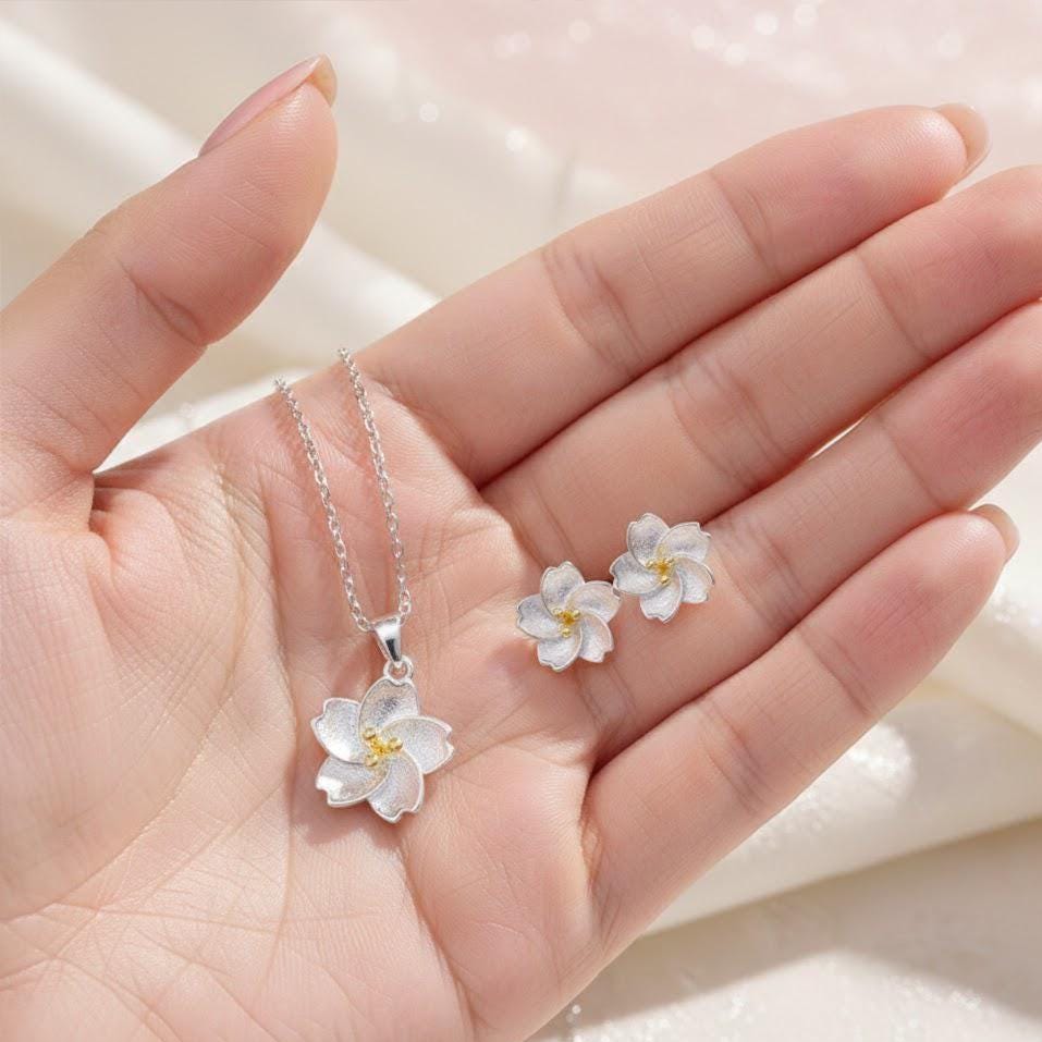 Sterling Silver Flower Necklace And Stud Earrings
