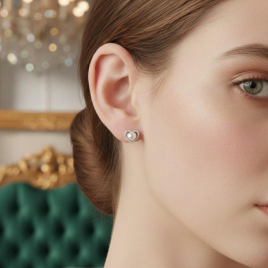 Sterling Silver Crystal Heart Pearl Stud Earrings