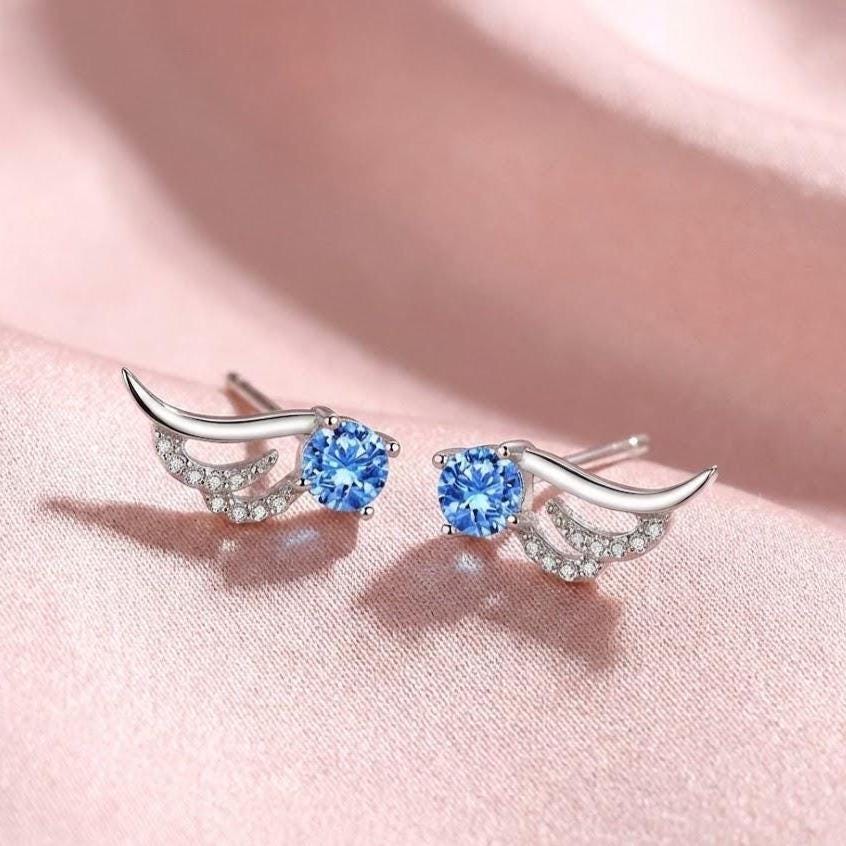Blue Crystal Angel Wing Stud Earrings in Sterling Silver