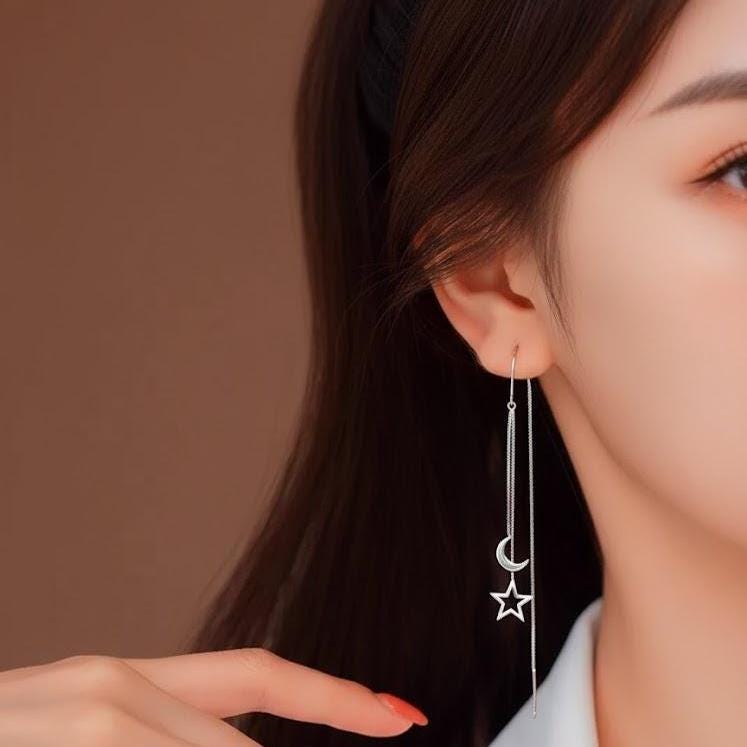 Sterling Silver Moon Star Tassel Drop Earrings